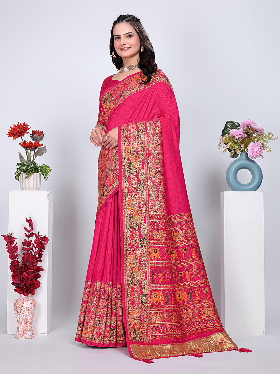 Floral Printed Woven Zari Pashmina Saree