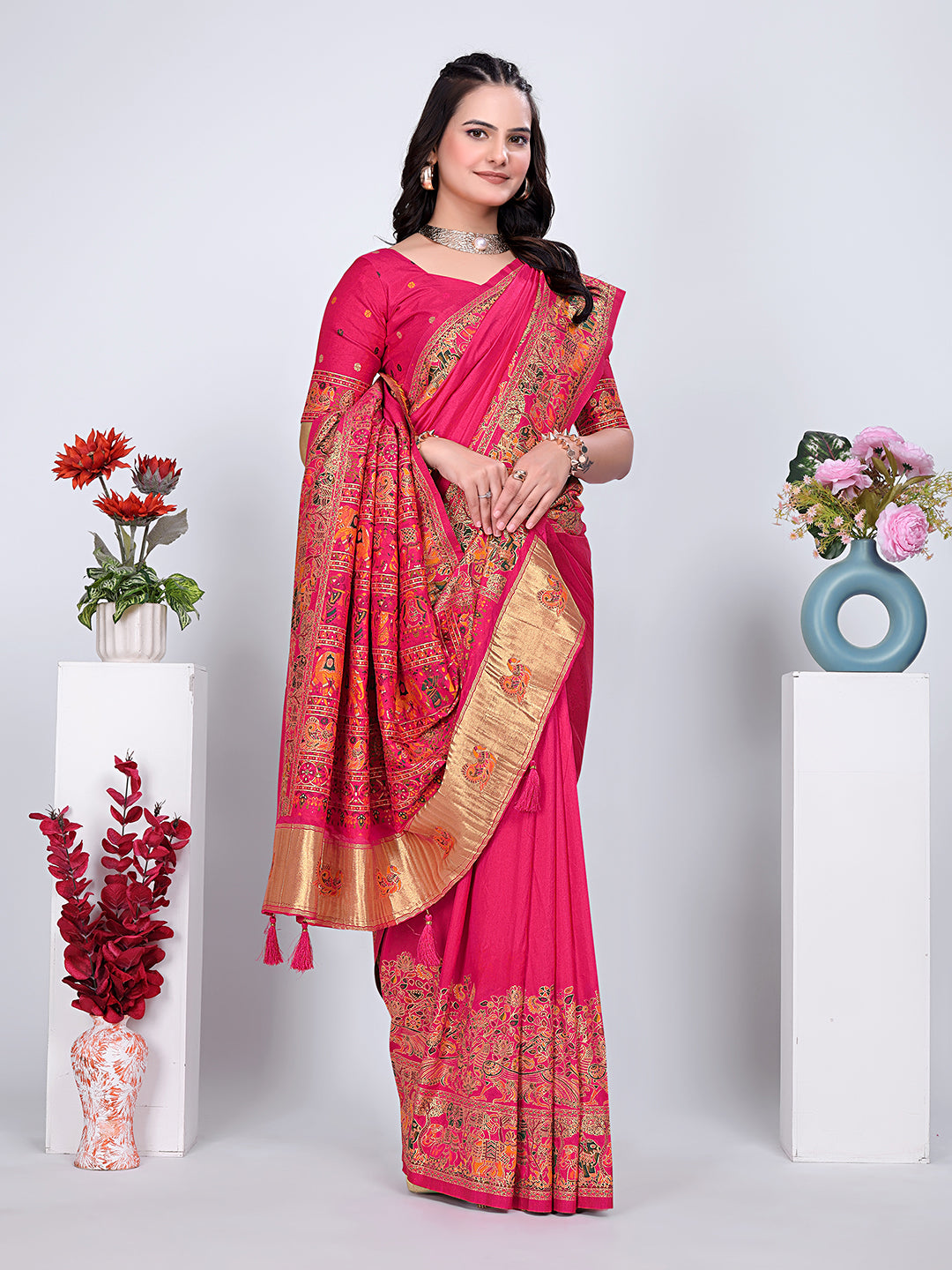 Floral Printed Woven Zari Pashmina Saree
