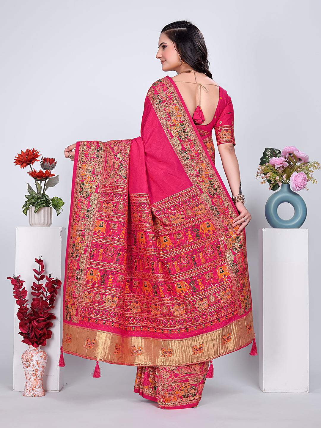 Floral Printed Woven Zari Pashmina Saree