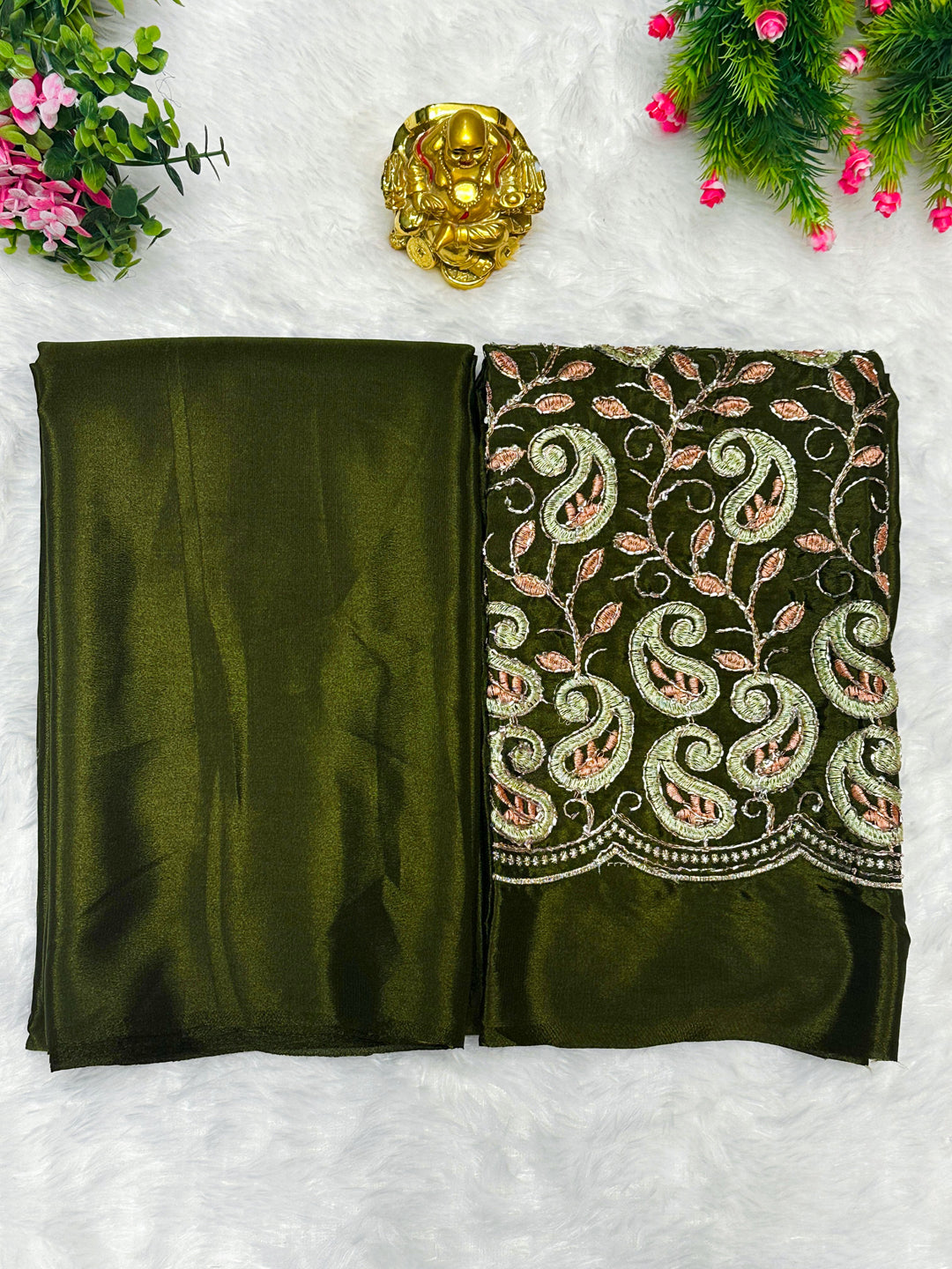Plain Solid Silk Saree with Embroidered Thread, Beads work Blouse