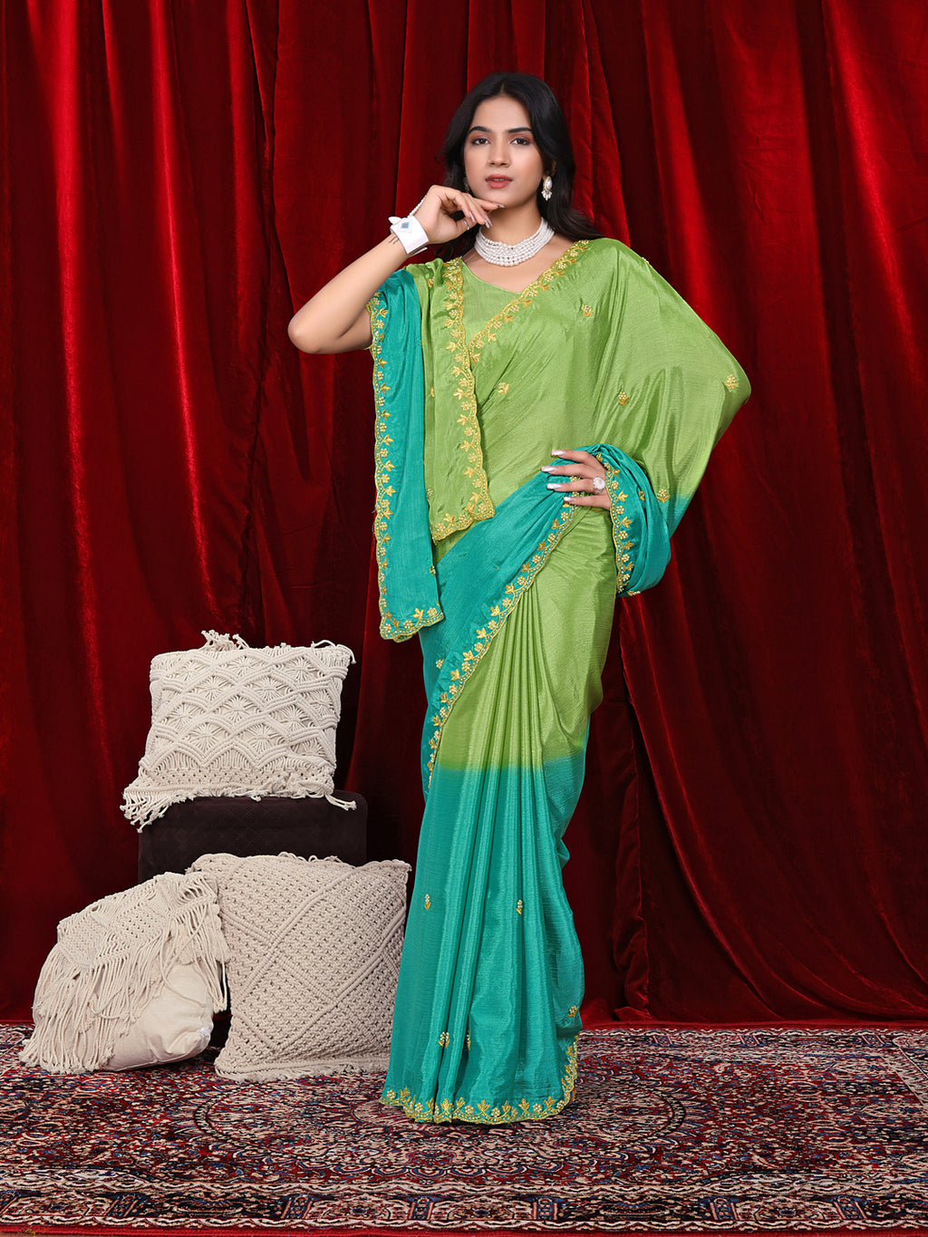 Chinon Saree in Dual Tone Shades with Embroidered Moti Border