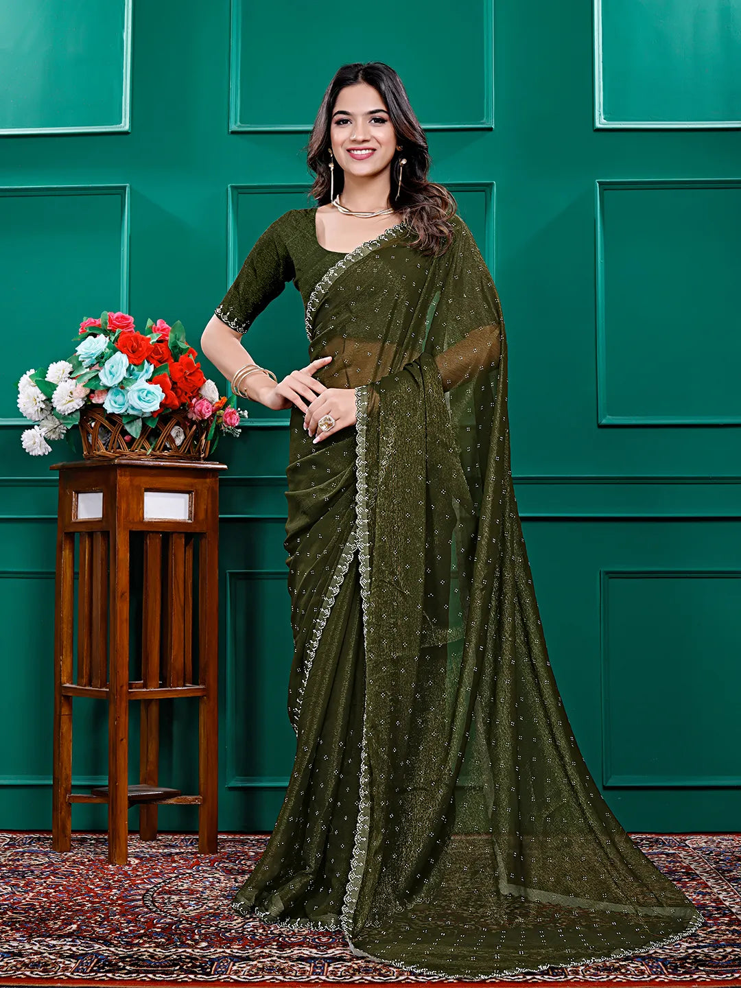 Chiffon Siroski Diamond Lace Work Saree