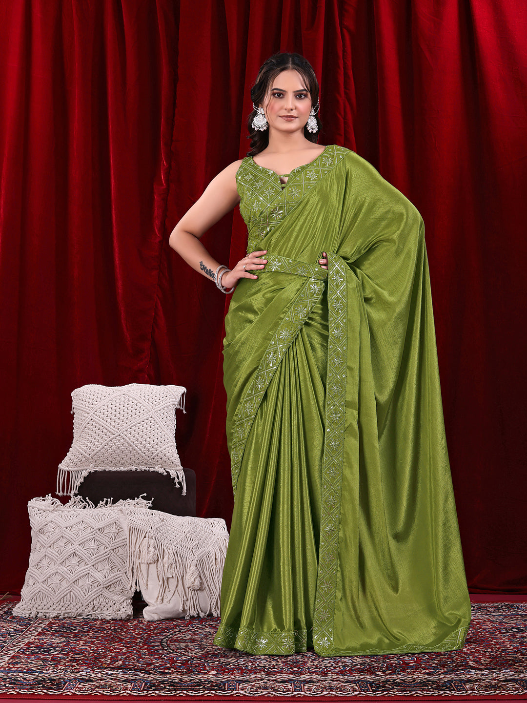 Chinon Solid Saree with Embroidered Lace Border