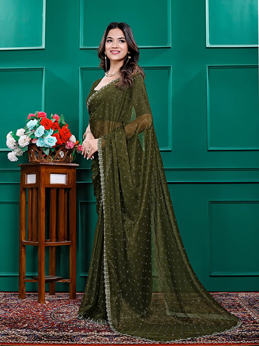 Chiffon Siroski Diamond Lace Work Saree