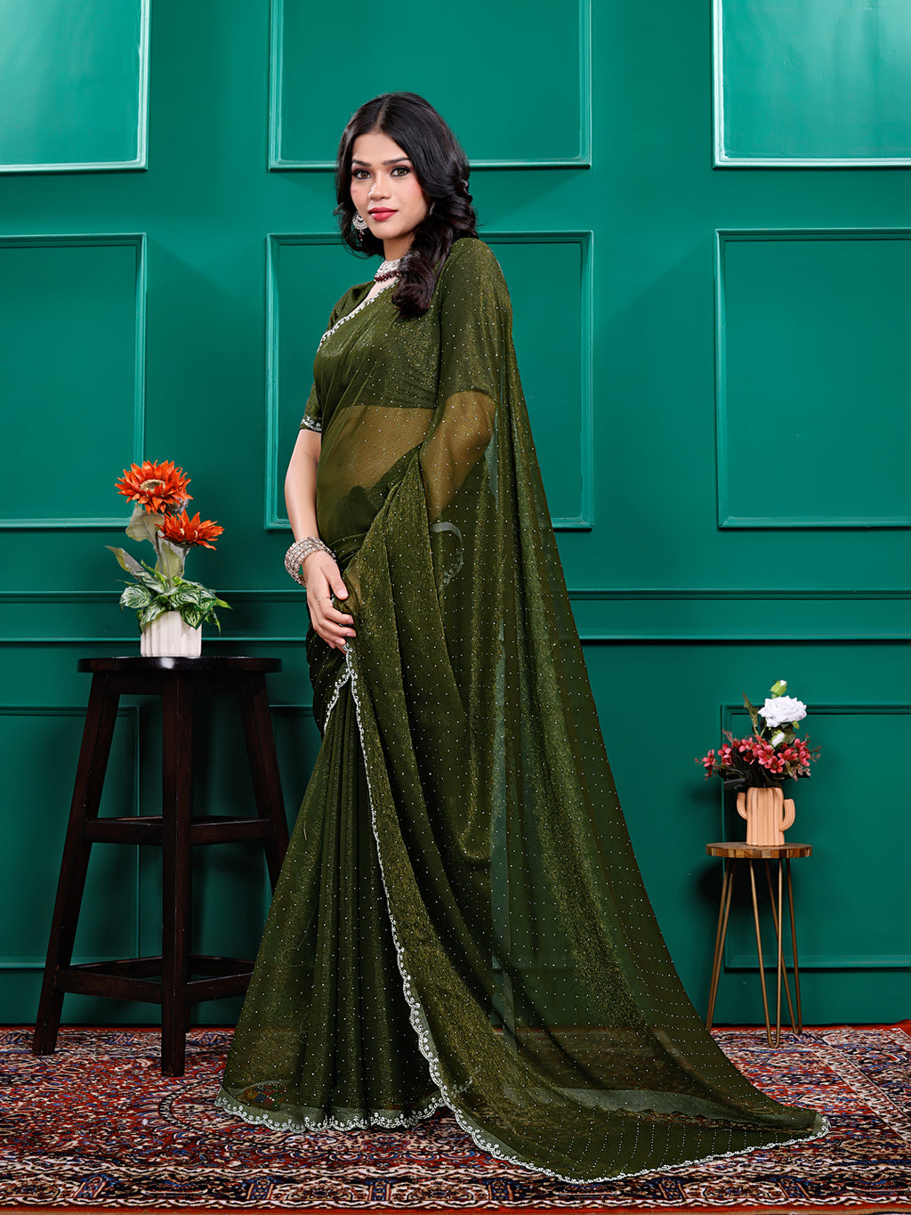 Chiffon   Siroski Daimond  Lace Work Sarees