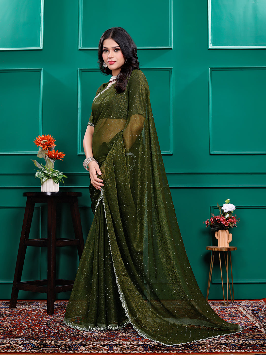 Chiffon  Swarovski Daimond  Lace Work Sarees