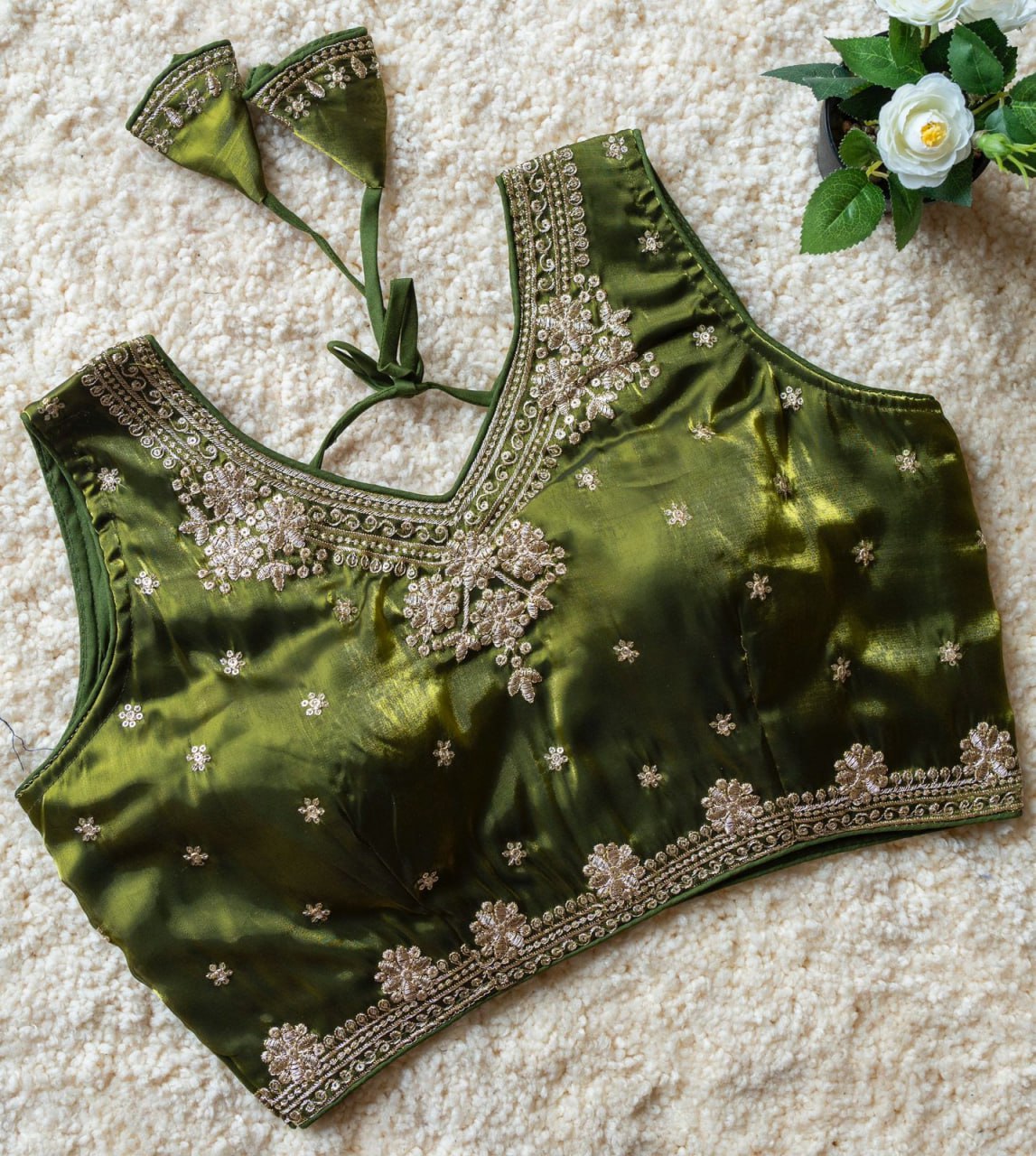 Jimmy Choo Fabric Sequin Embroidered V-Neck Blouse with Tussels
