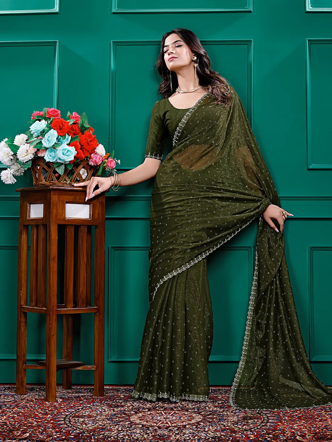 Chiffon Siroski Diamond Lace Work Saree