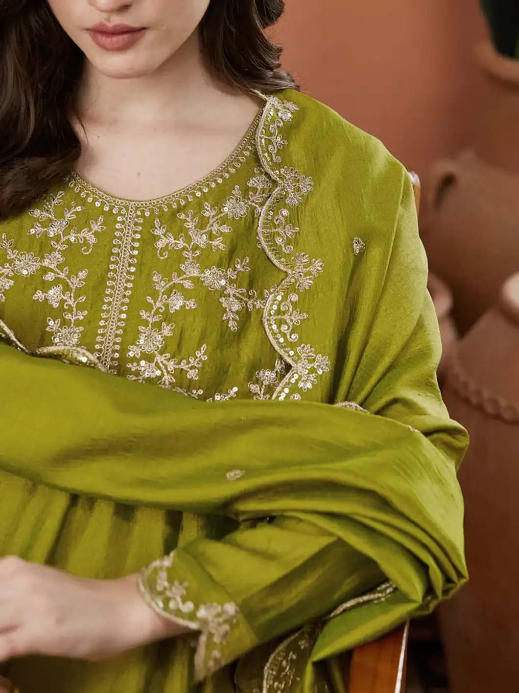 Silk Embroidered Anarkali Kurta, Pant & Dupatta Set