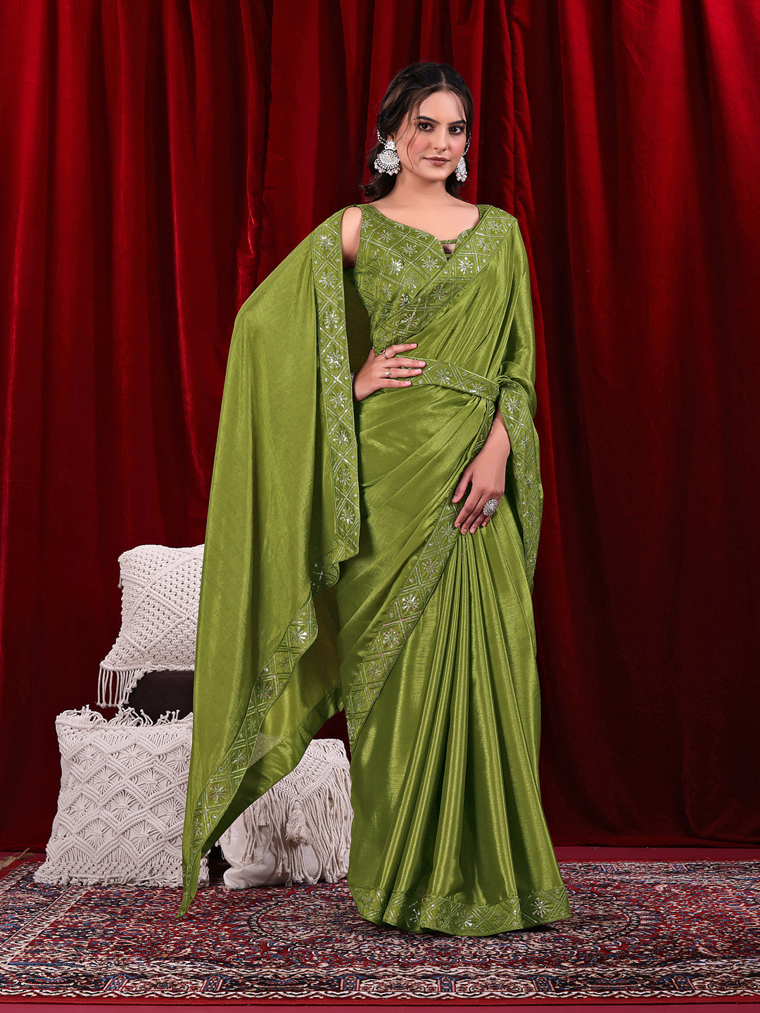 Chinon Solid Saree with Embroidered Lace Border