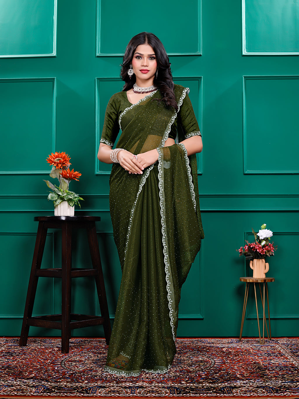 Chiffon   Siroski Daimond  Lace Work Sarees