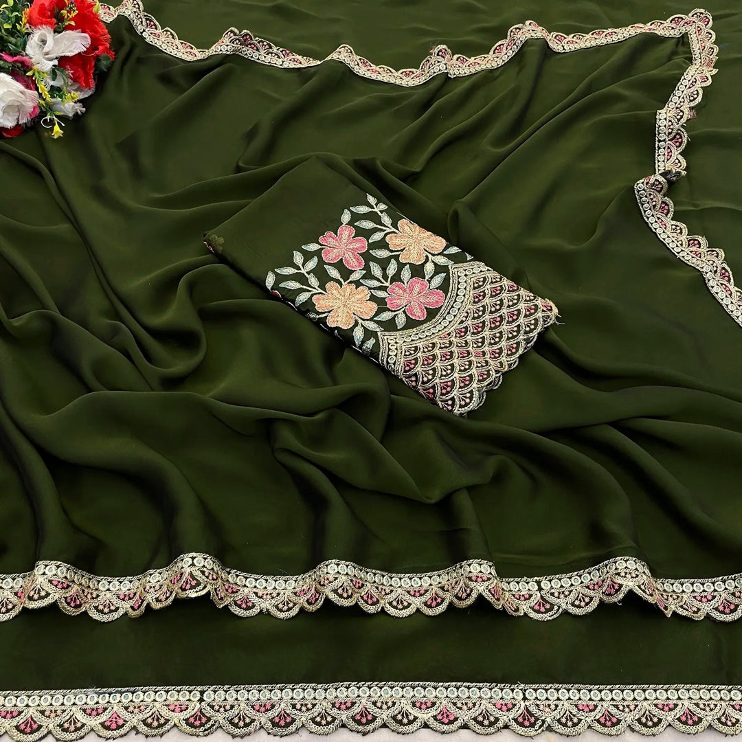 Chinon Saree with Decorative Embroidered Border And Blouse