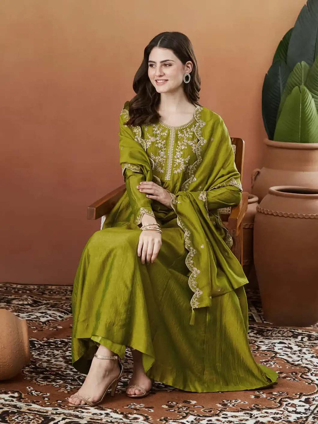 Silk Embroidered Anarkali Kurta, Pant & Dupatta Set