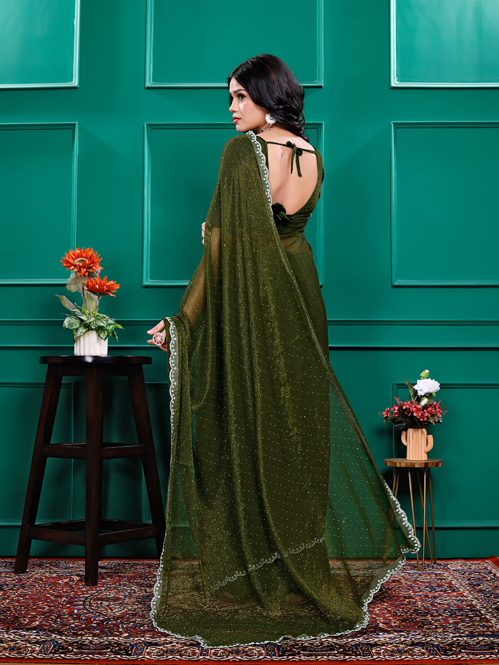 Chiffon   Siroski Daimond  Lace Work Sarees