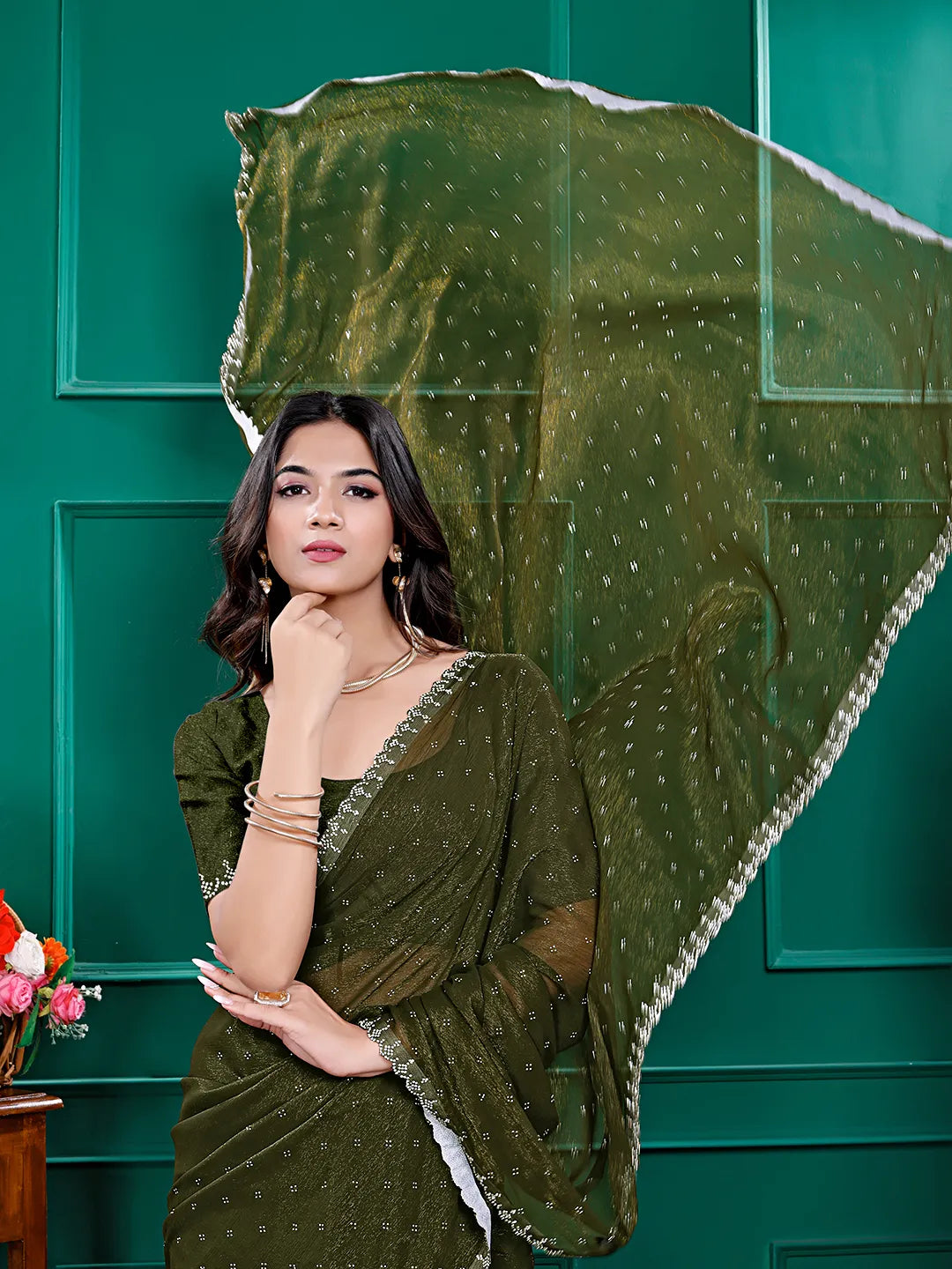 Chiffon Siroski Diamond Lace Work Saree