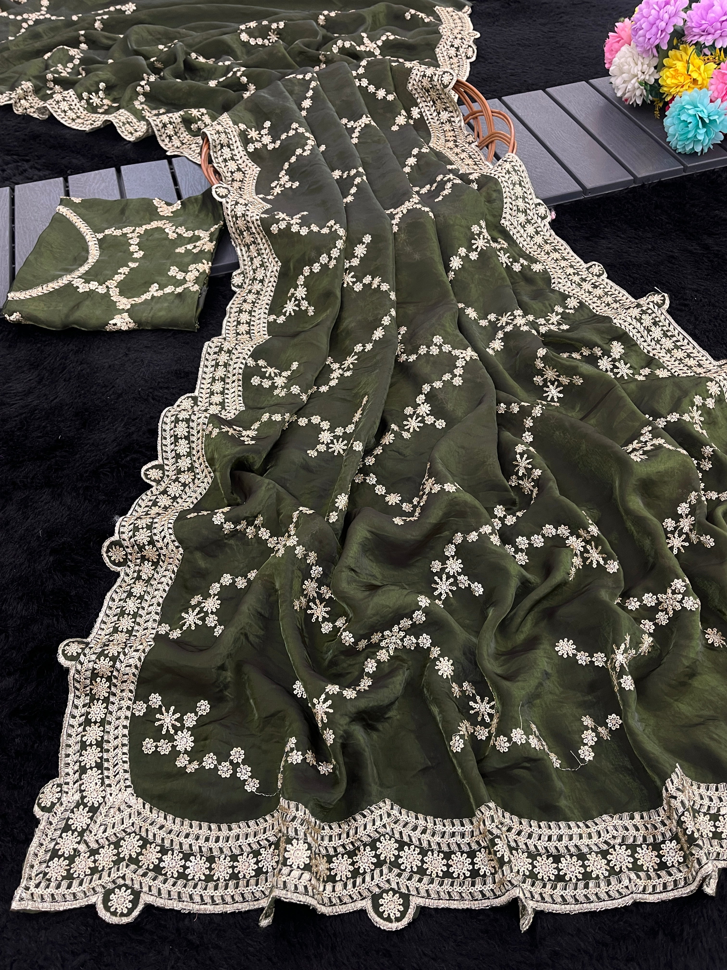 Premium Satin Silk & Chiffon Saree with All-Over Sequence Embroidery