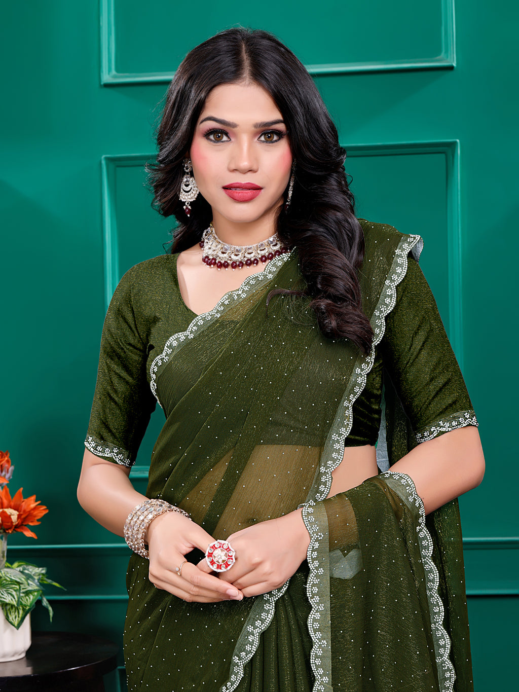 Chiffon   Siroski Daimond  Lace Work Sarees