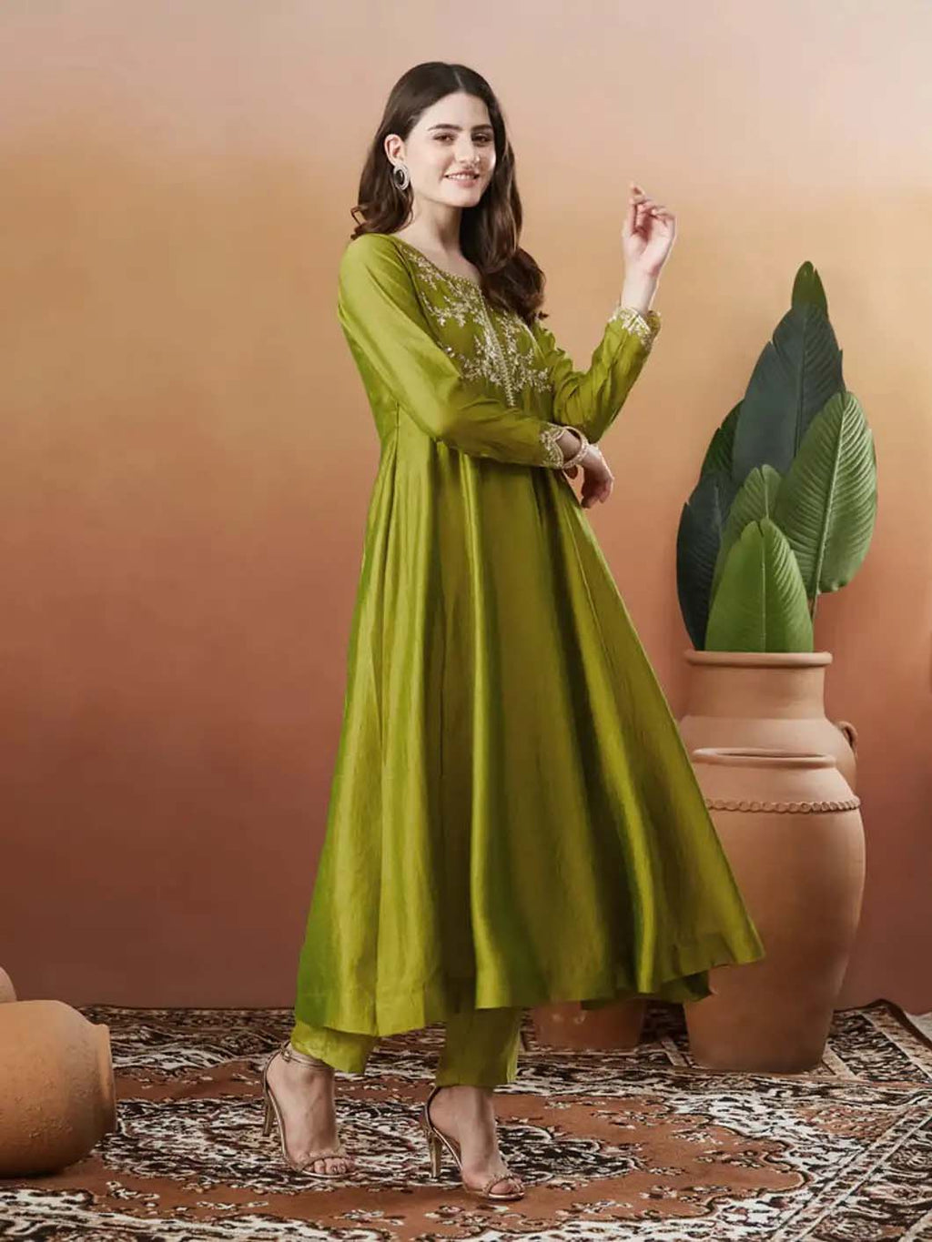 Silk Embroidered Anarkali Kurta, Pant & Dupatta Set