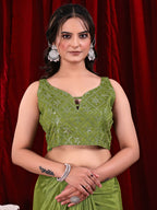 Chinon Solid Saree with Embroidered Lace Border