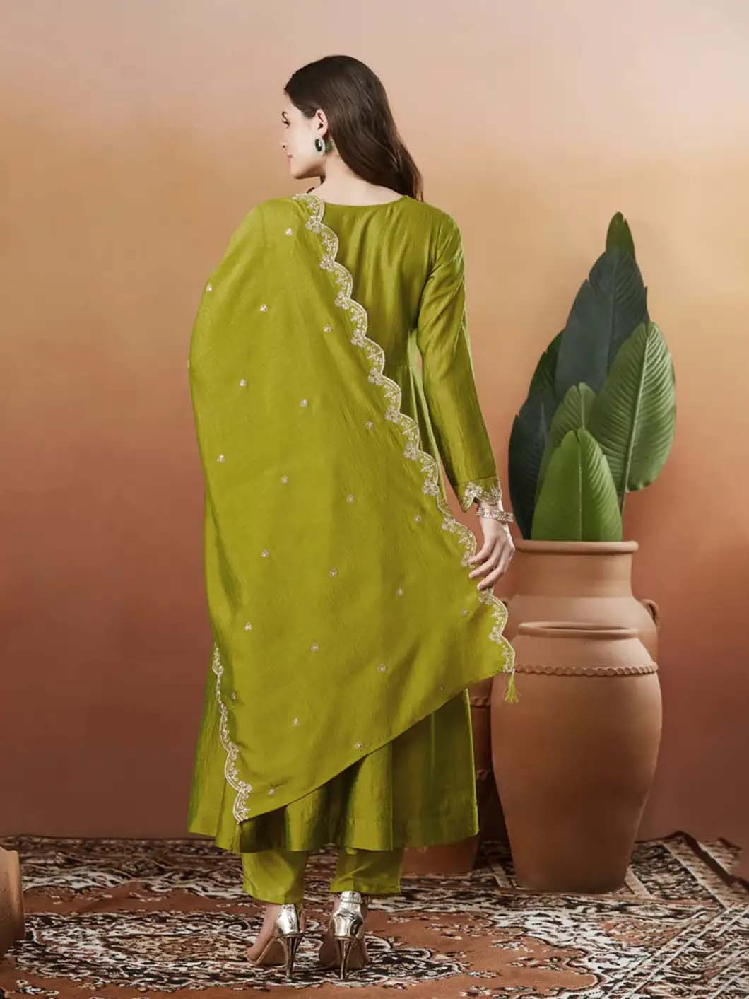 Silk Embroidered Anarkali Kurta, Pant & Dupatta Set