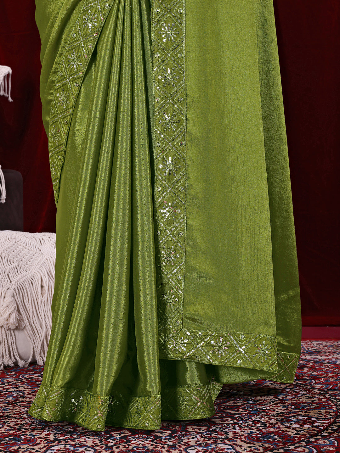 Chinon Solid Saree with Embroidered Lace Border