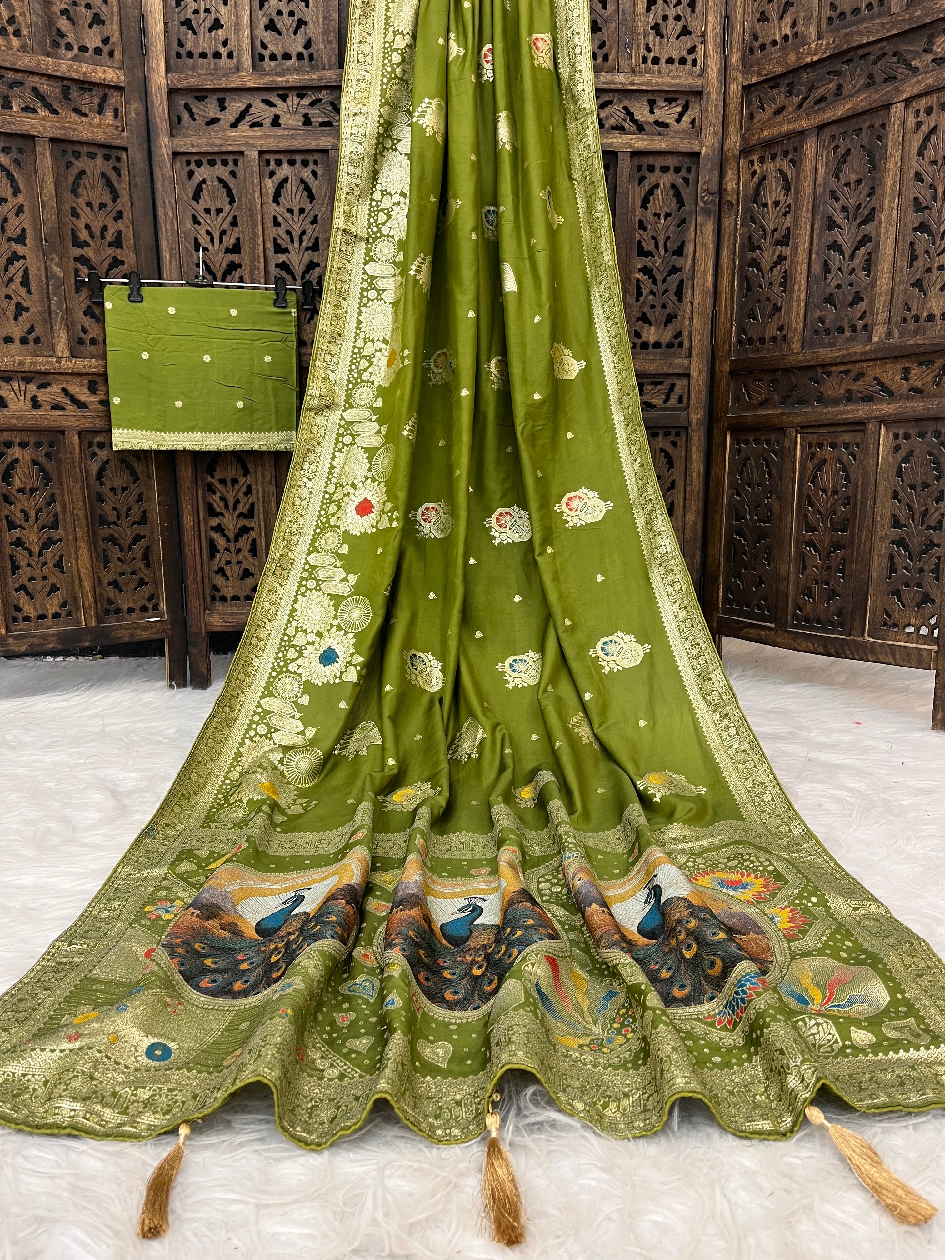 Traditional Dola Silk Saree with Peacock Printed Designer Pallu and Woven Border