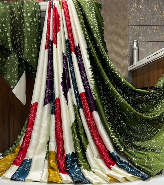 Ajrakh Printed Satin Silk Saree with Blouse Piece