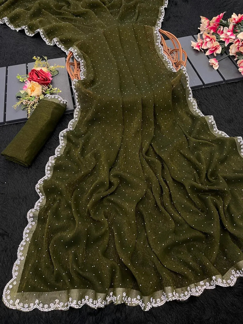 Chiffon  Siroski Diamond Lace Work Saree