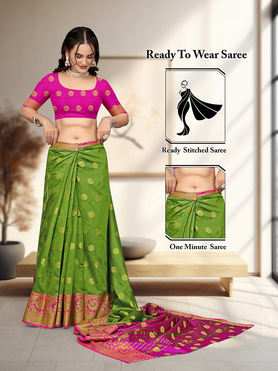 Ready To Wear Cotton Silk Woven Zari Jacquard Banarasi Traditional Saree