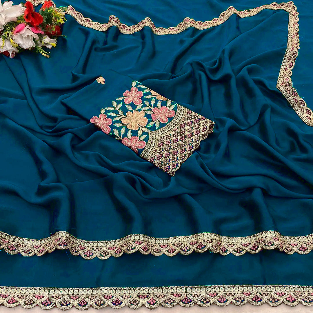 Chinon Saree with Decorative Embroidered Border And Blouse