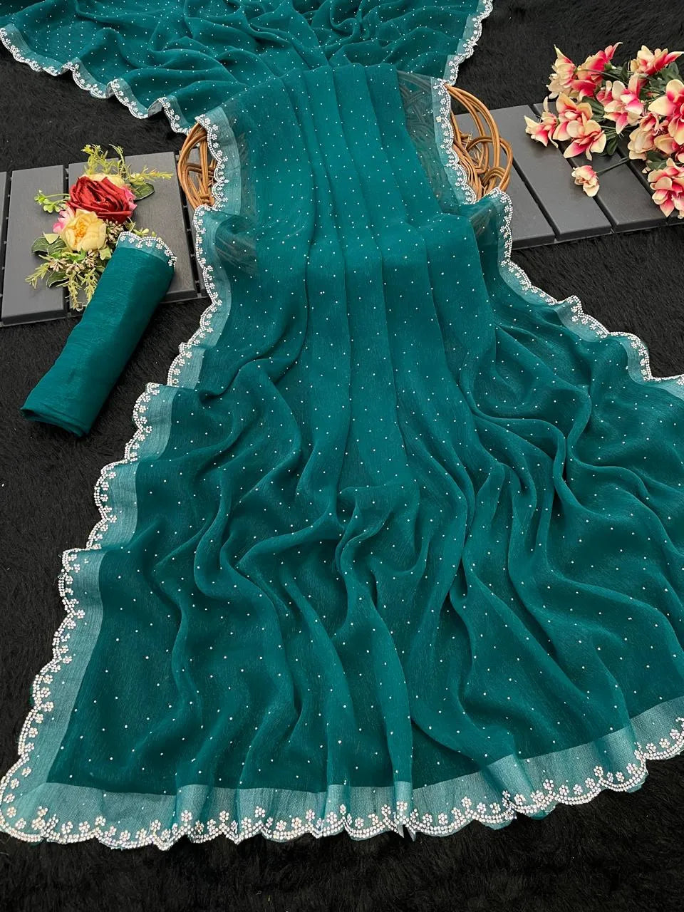 Chiffon  Siroski Diamond Lace Work Saree