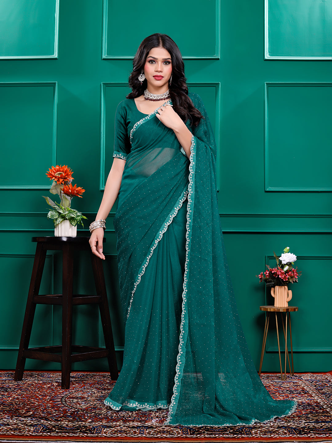 Chiffon   Siroski Daimond  Lace Work Sarees