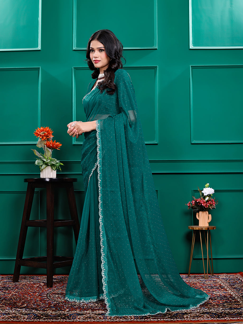 Chiffon   Siroski Daimond  Lace Work Sarees