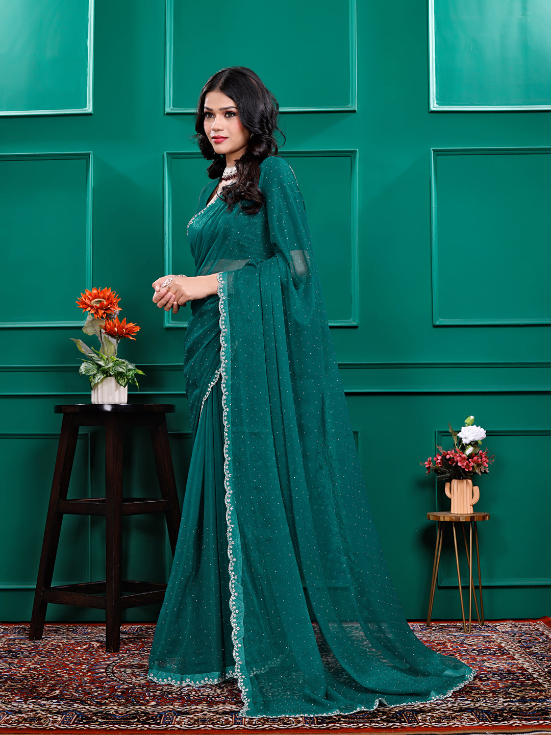 Chiffon   Siroski Daimond  Lace Work Sarees