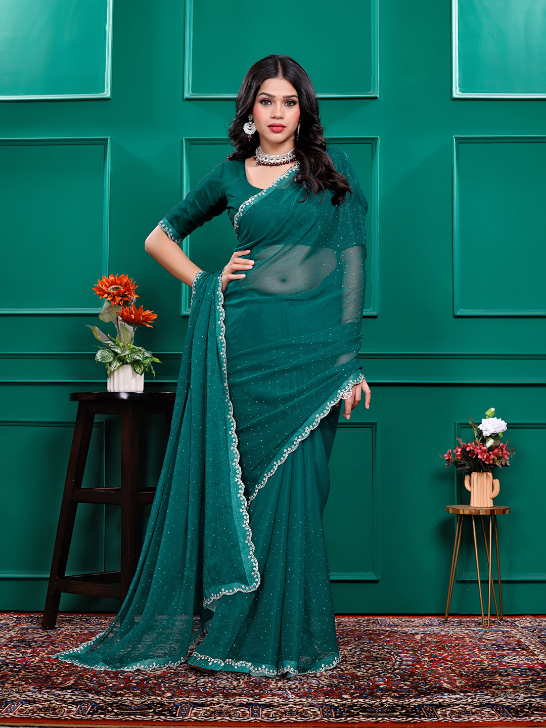Chiffon   Siroski Daimond  Lace Work Sarees