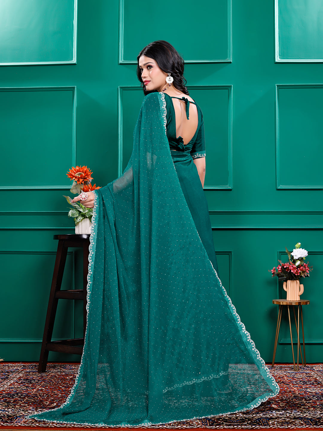 Chiffon   Siroski Daimond  Lace Work Sarees