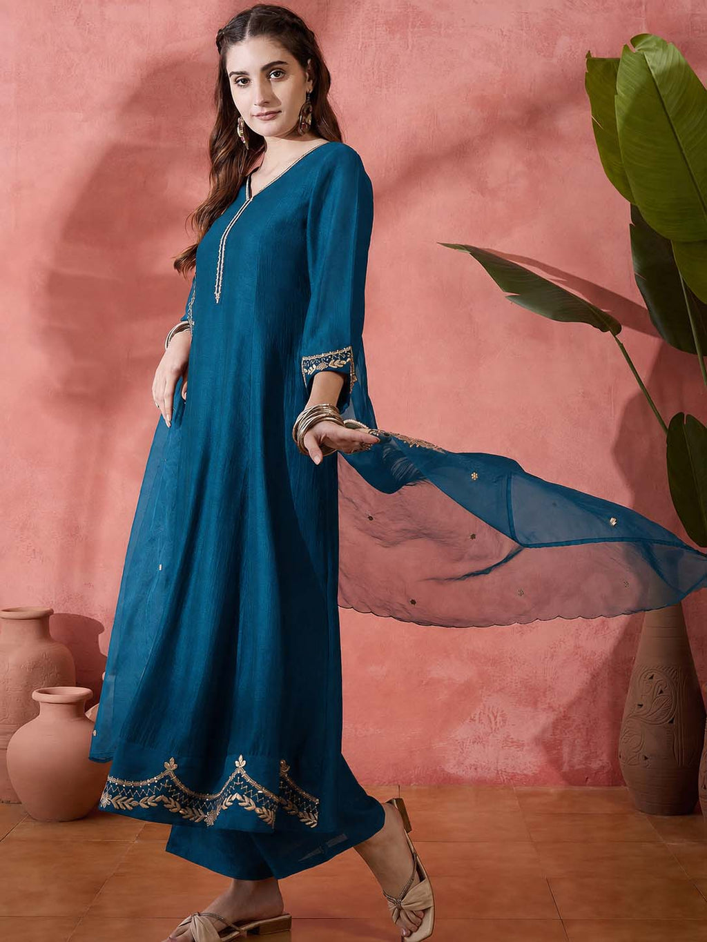 Elegant Zari Embroidered Silk Blend Anarkali Set