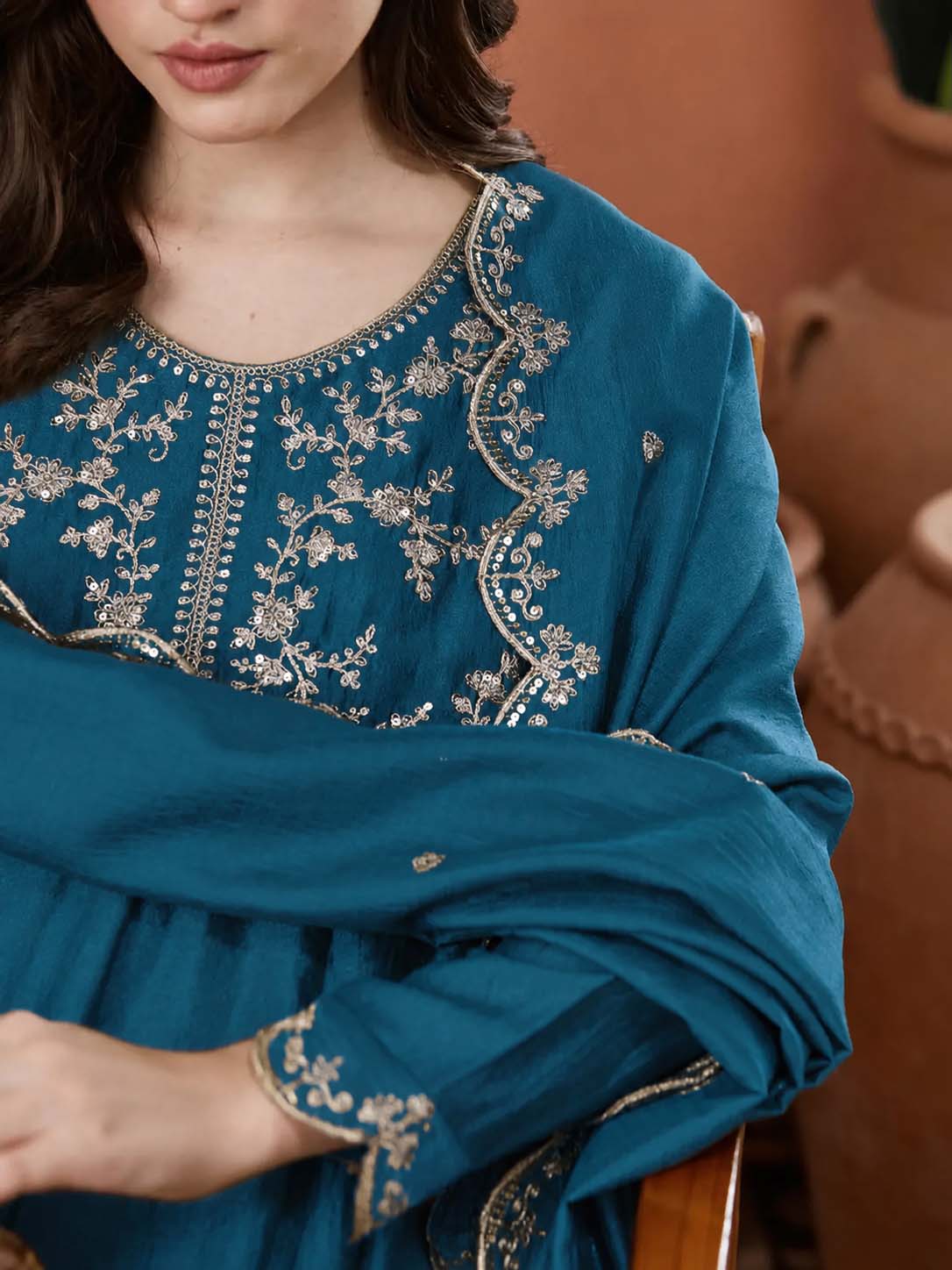 Silk Embroidered Anarkali Kurta, Pant & Dupatta Set