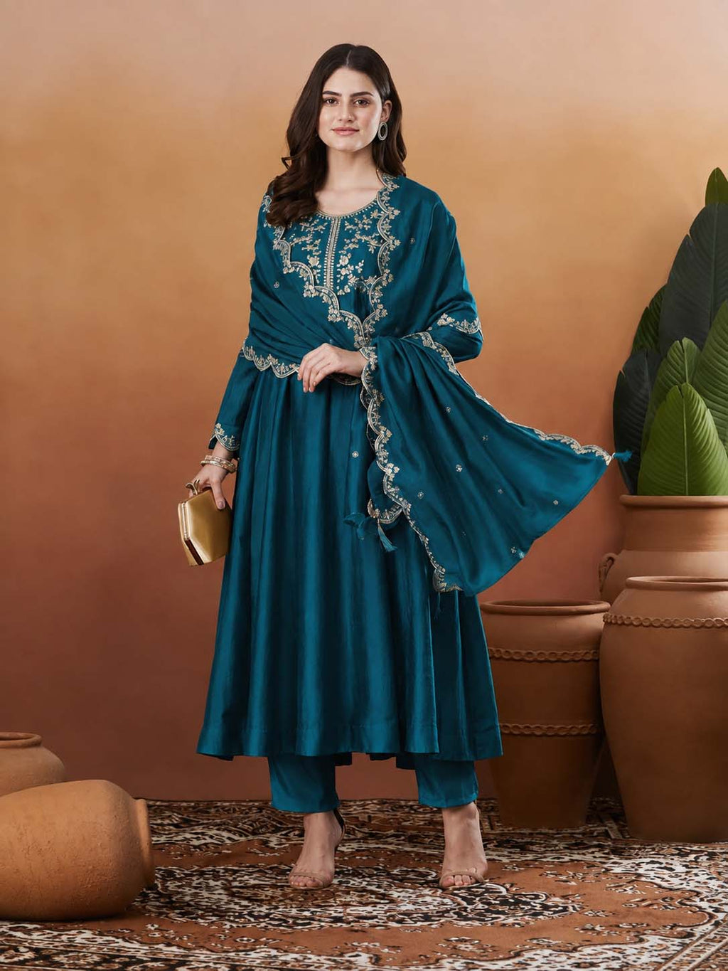 Silk Embroidered Anarkali Kurta, Pant & Dupatta Set