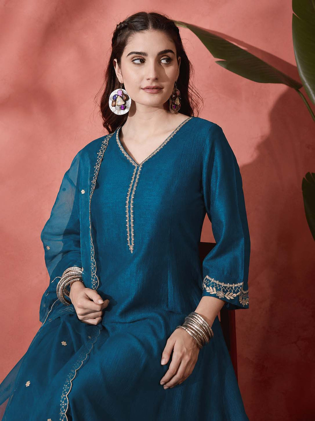 Elegant Zari Embroidered Silk Blend Anarkali Set
