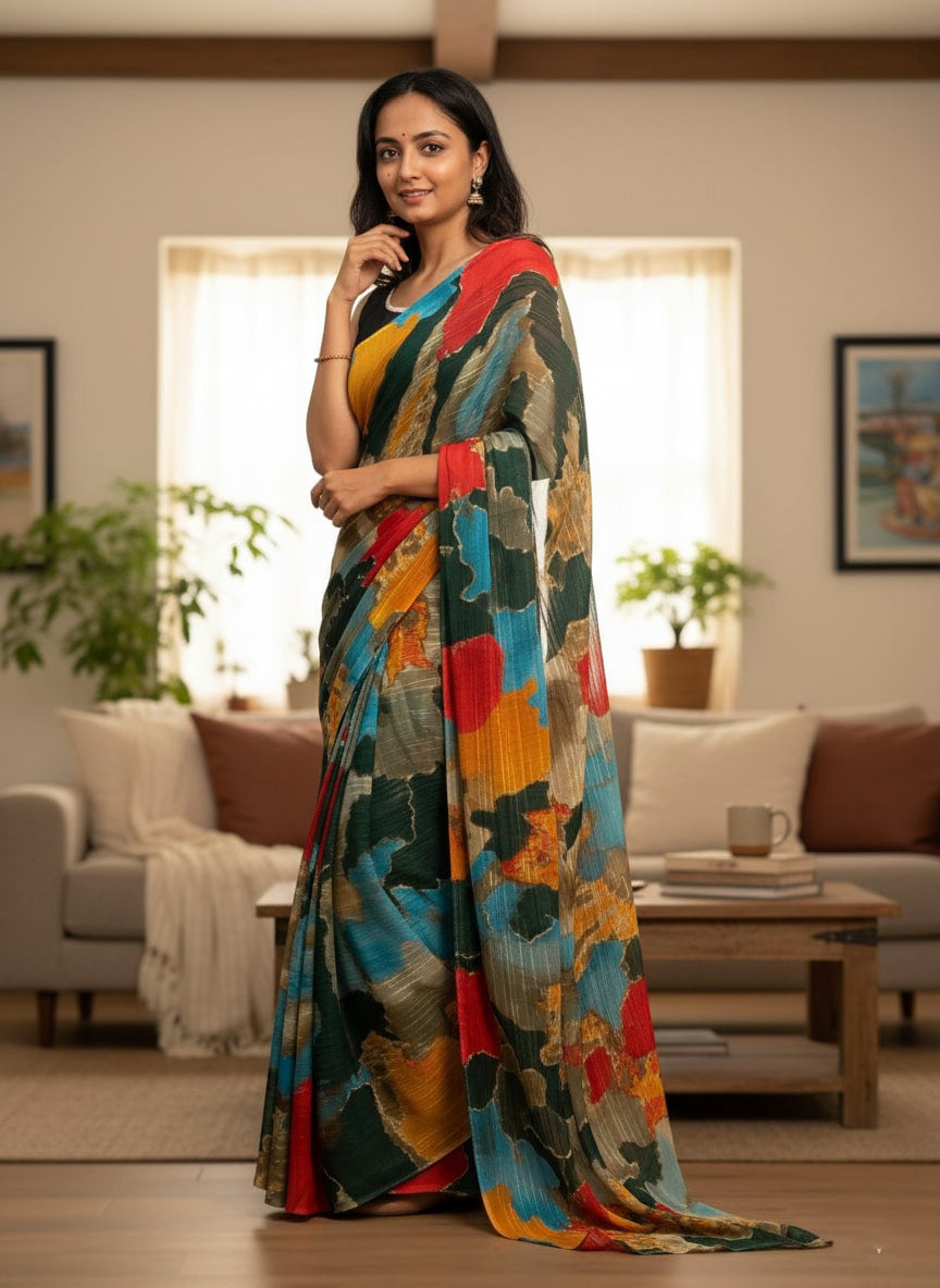 Chiffon Multi-Color Printed Saree