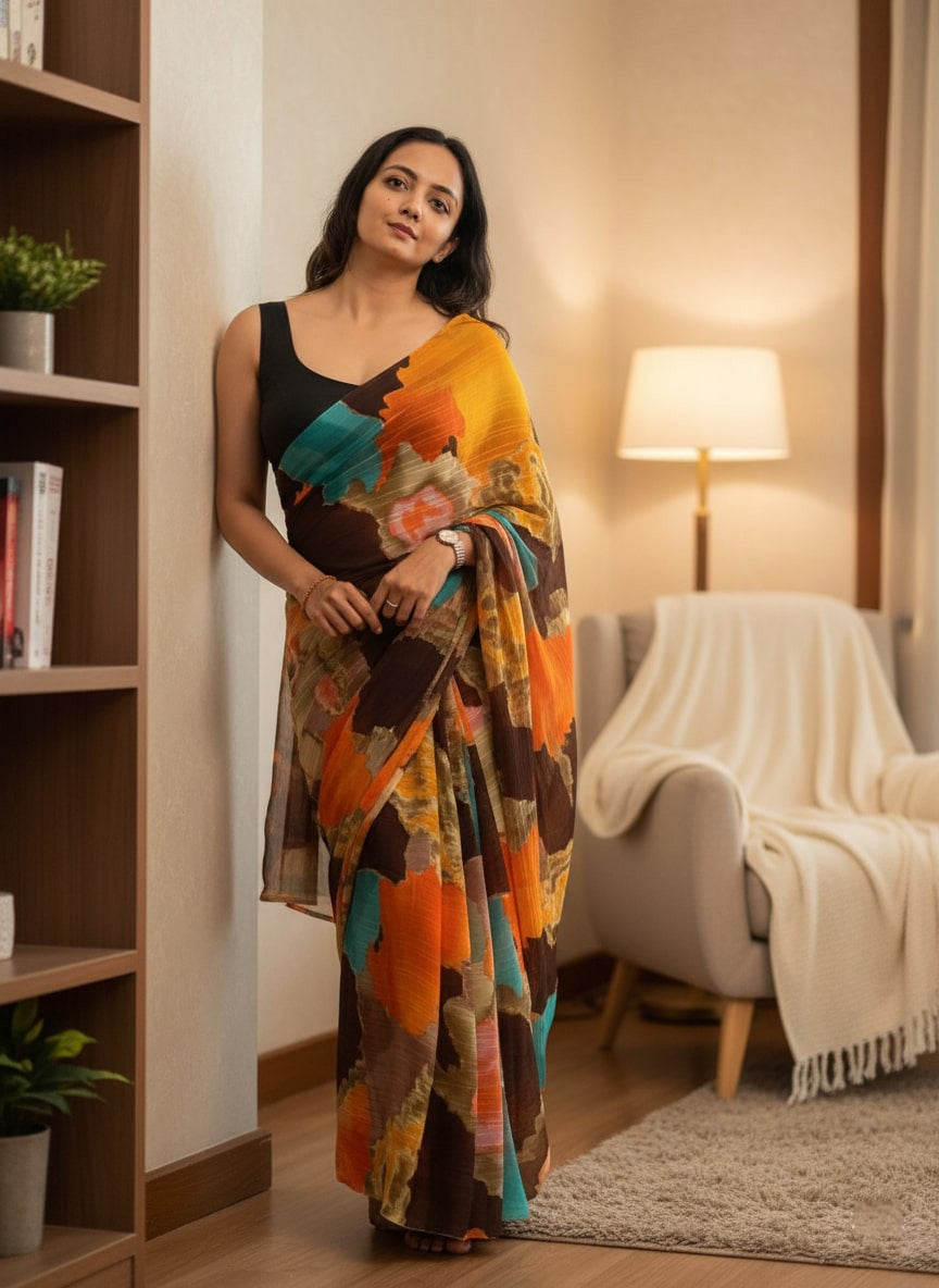 Chiffon Multi-Color Printed Saree