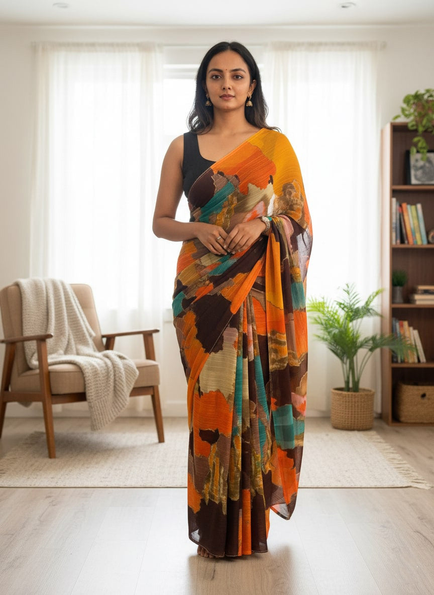 Chiffon Multi-Color Printed Saree