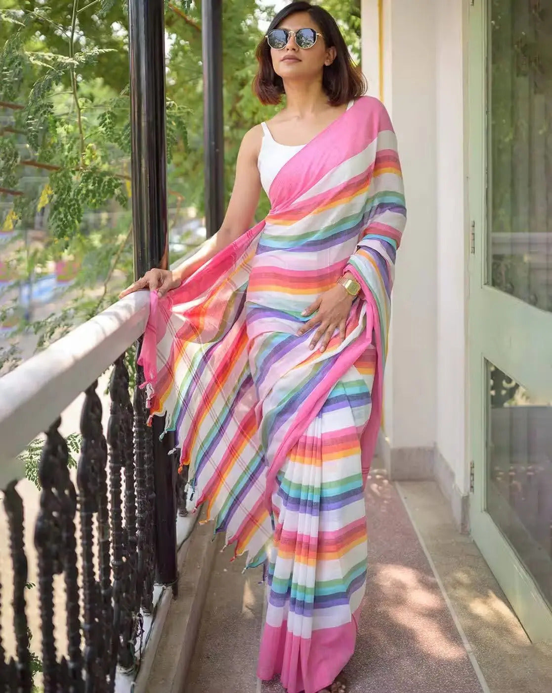 Multicolor Striped Cotton Linen Printed Saree