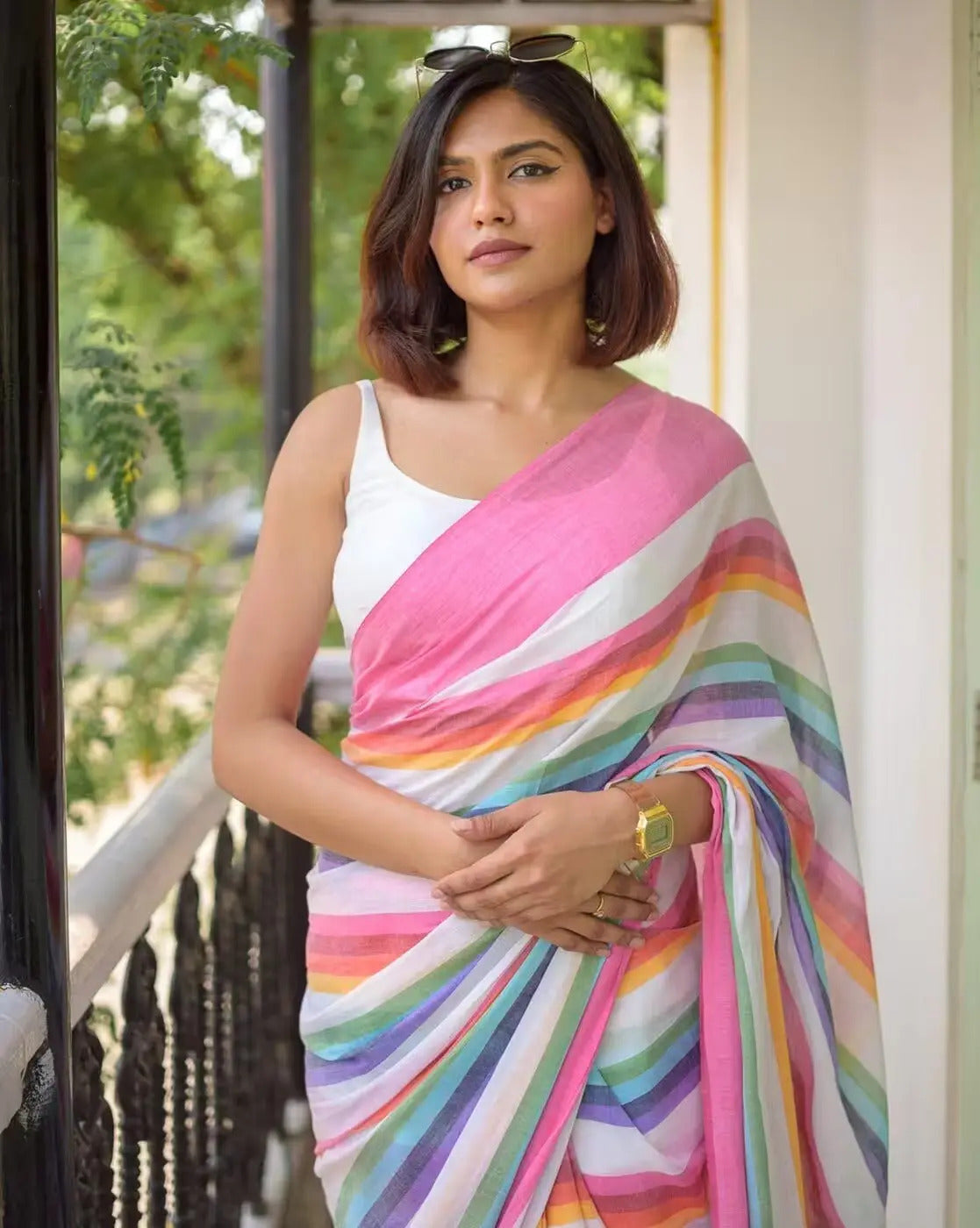 Multicolor Striped Cotton Linen Printed Saree