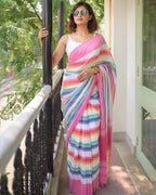 Multicolor Striped Cotton Linen Printed Saree