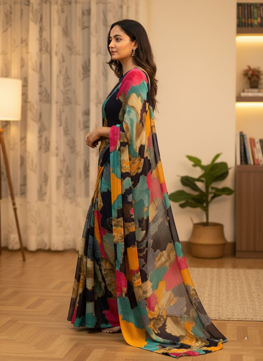 Chiffon Multi-Color Printed Saree