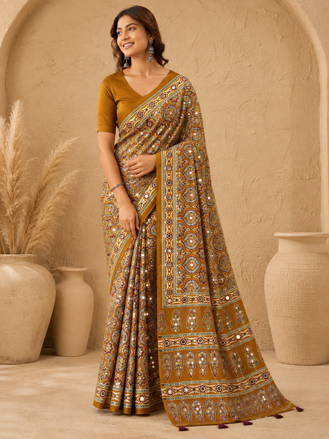 Silk Crepe Printed Saree with Attached Real Mirror Work & Matching Blouse Piece - Pionex Fab