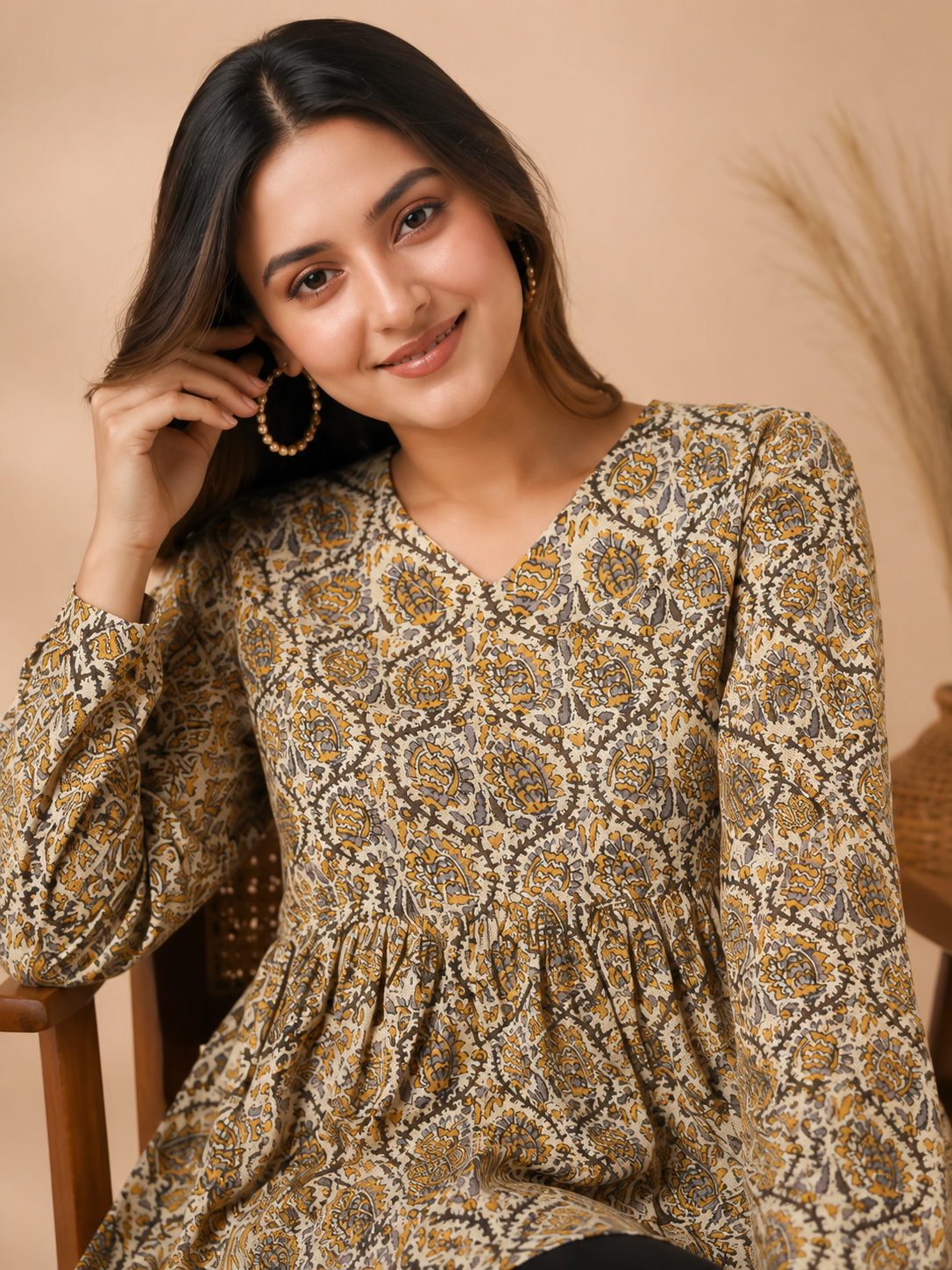 Women Pure Cotton Printed V Neck Flared Tunic