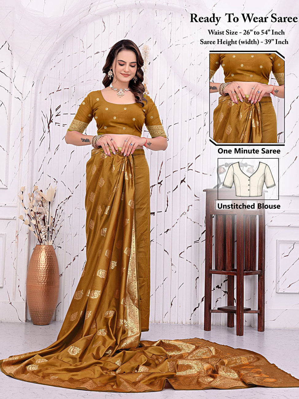 Ready To Wear Banarasi Silk Saree with Zari Woven Border